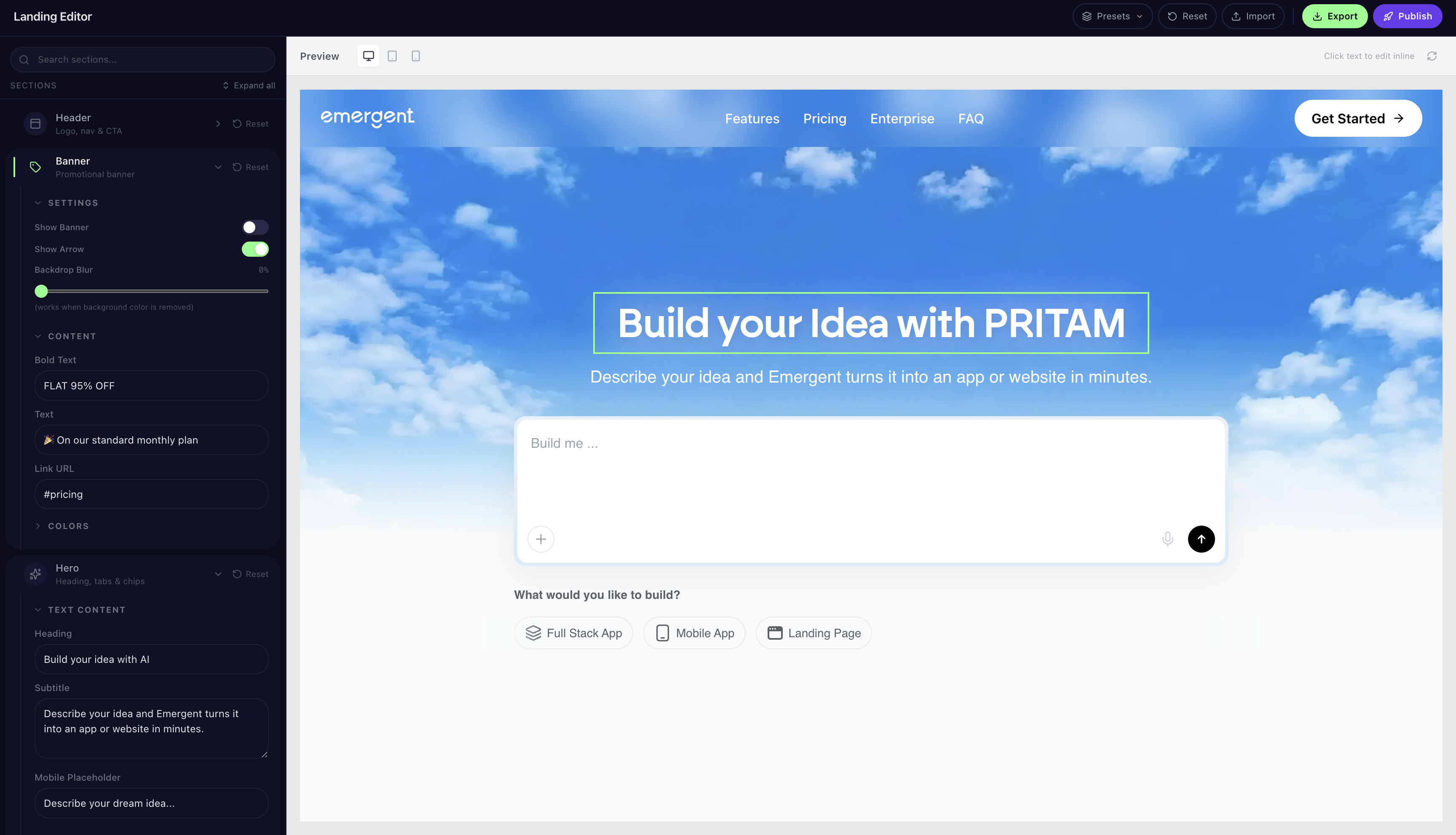 Emergent landing-page editor with section controls, a page preview, and export and publish actions