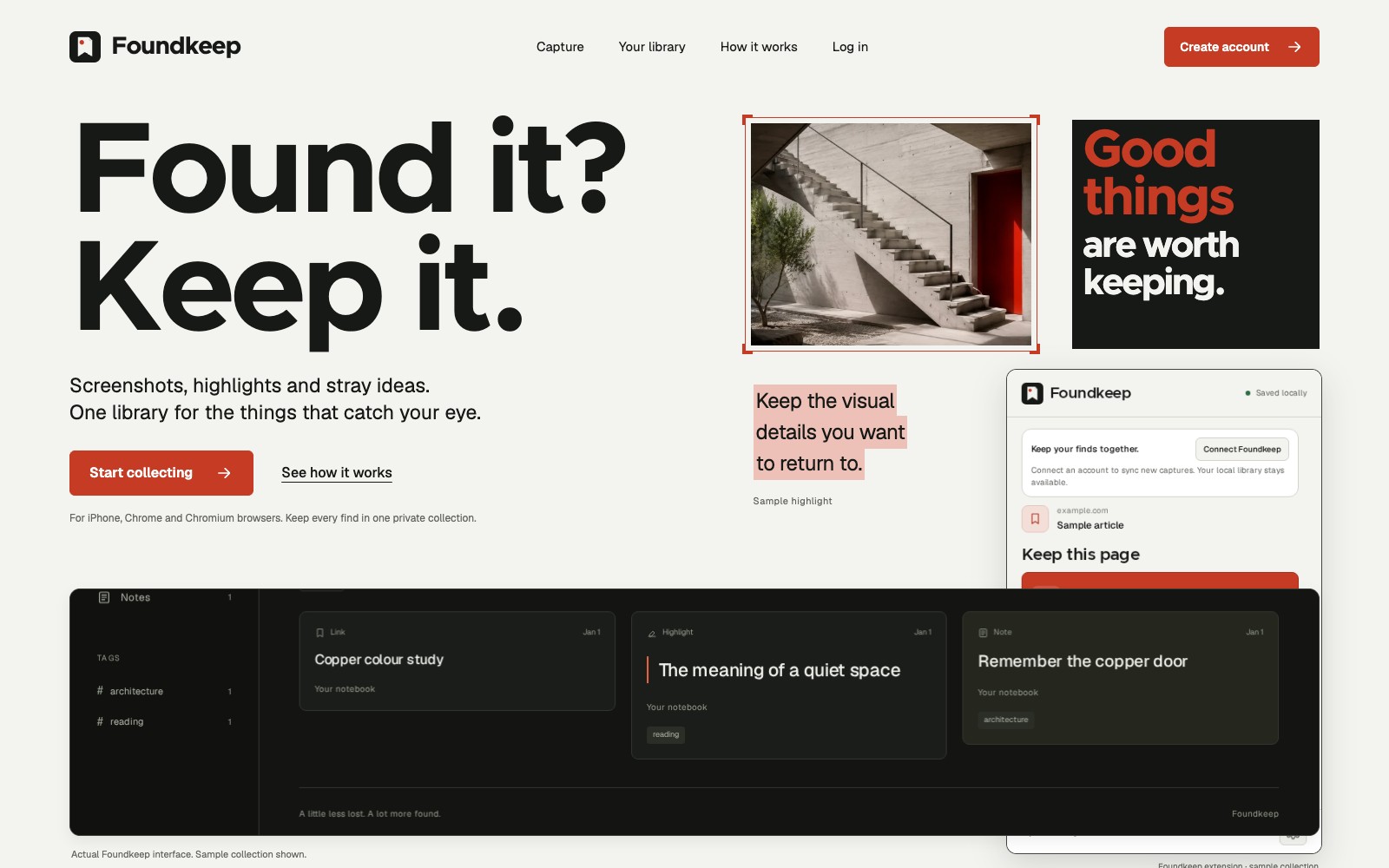 Current Foundkeep homepage with its bookmark identity, capture extension, and sample library