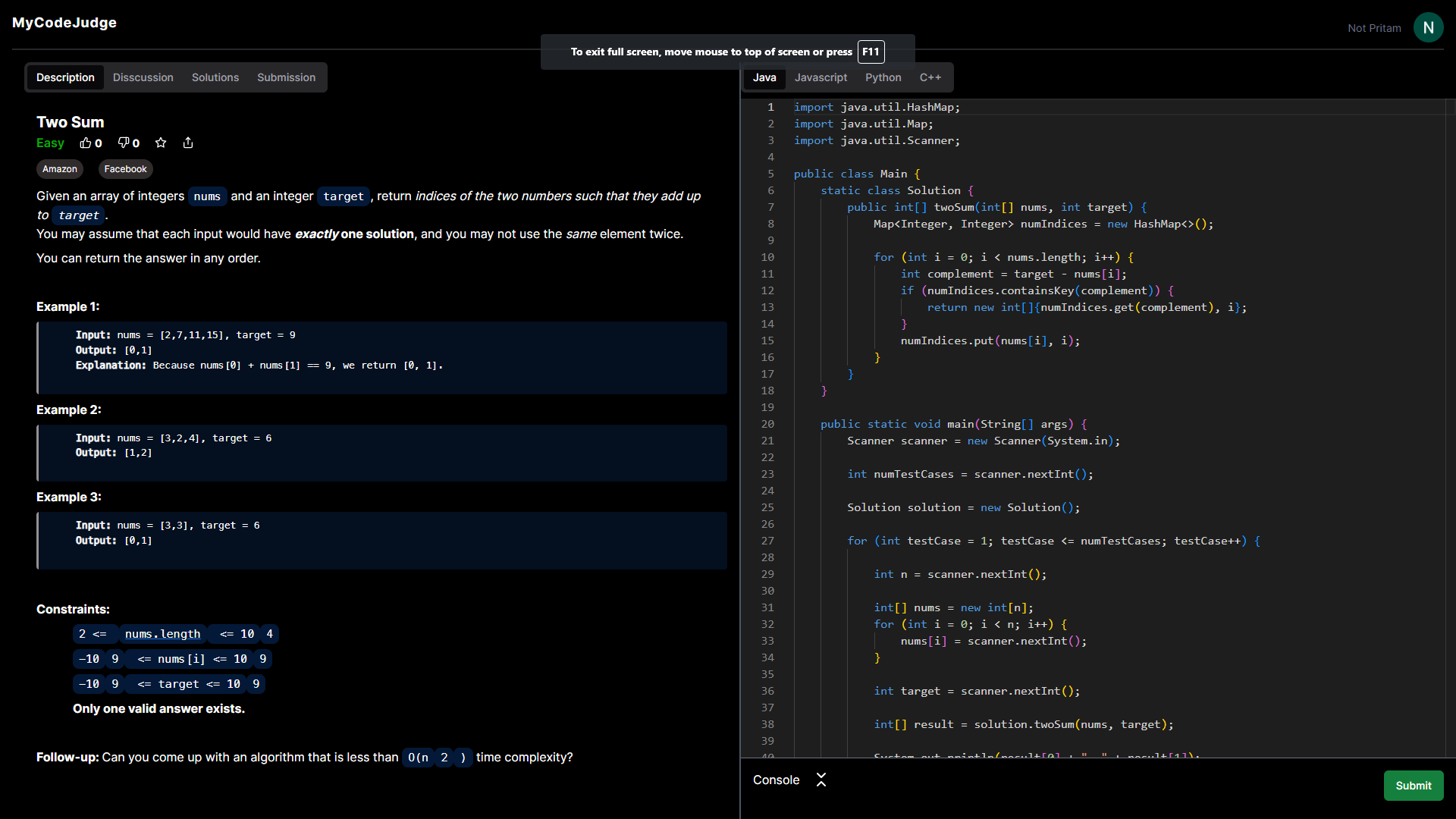 MyCodeJudge interface with a problem statement, language selector, and code editor